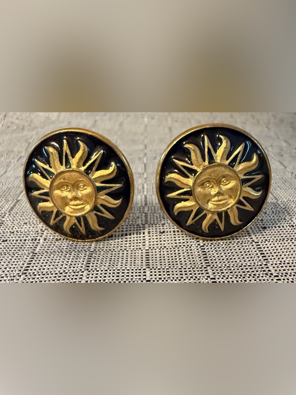 Gold Sun Face Clip-On Earrings- Black & Gold Accent